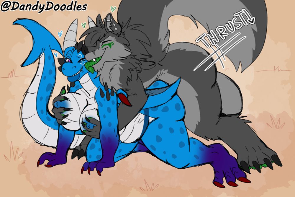 Teneris, a blue dragon, mating with a dire wolf named Jerome, her belly bulging out as he thrusts from behind and offers licks to her cheek.
