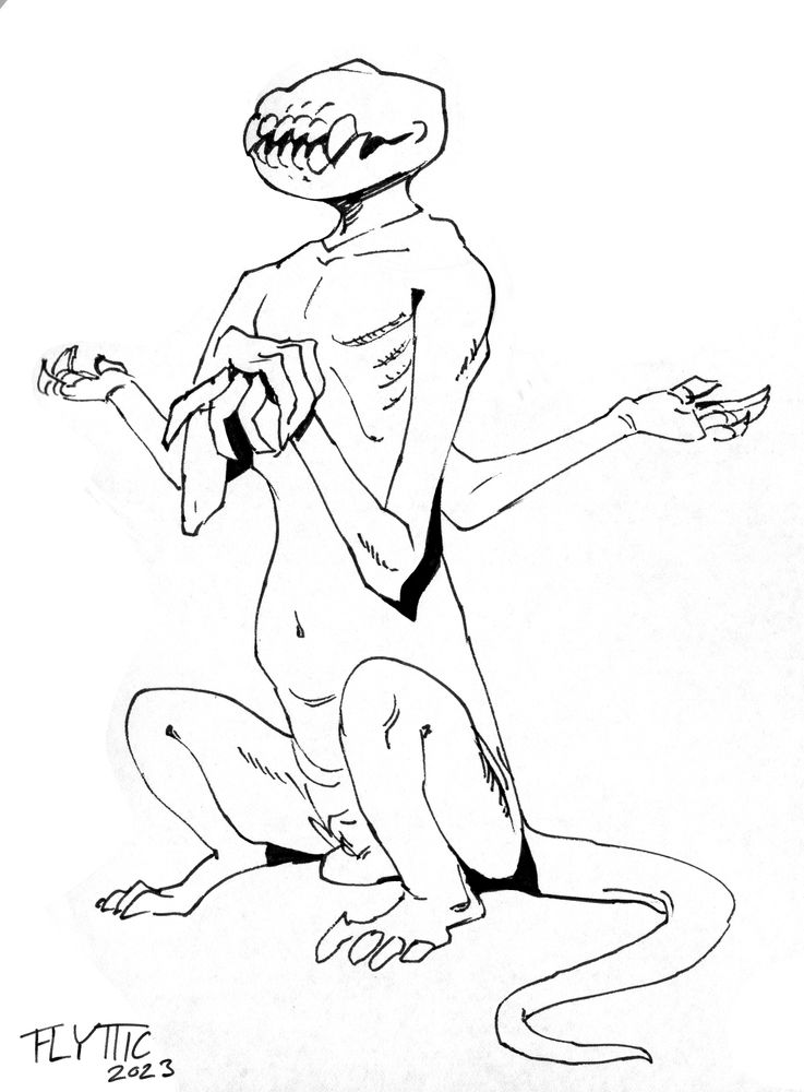 An eyeless, 6 limbed creature sits, basking in admiration