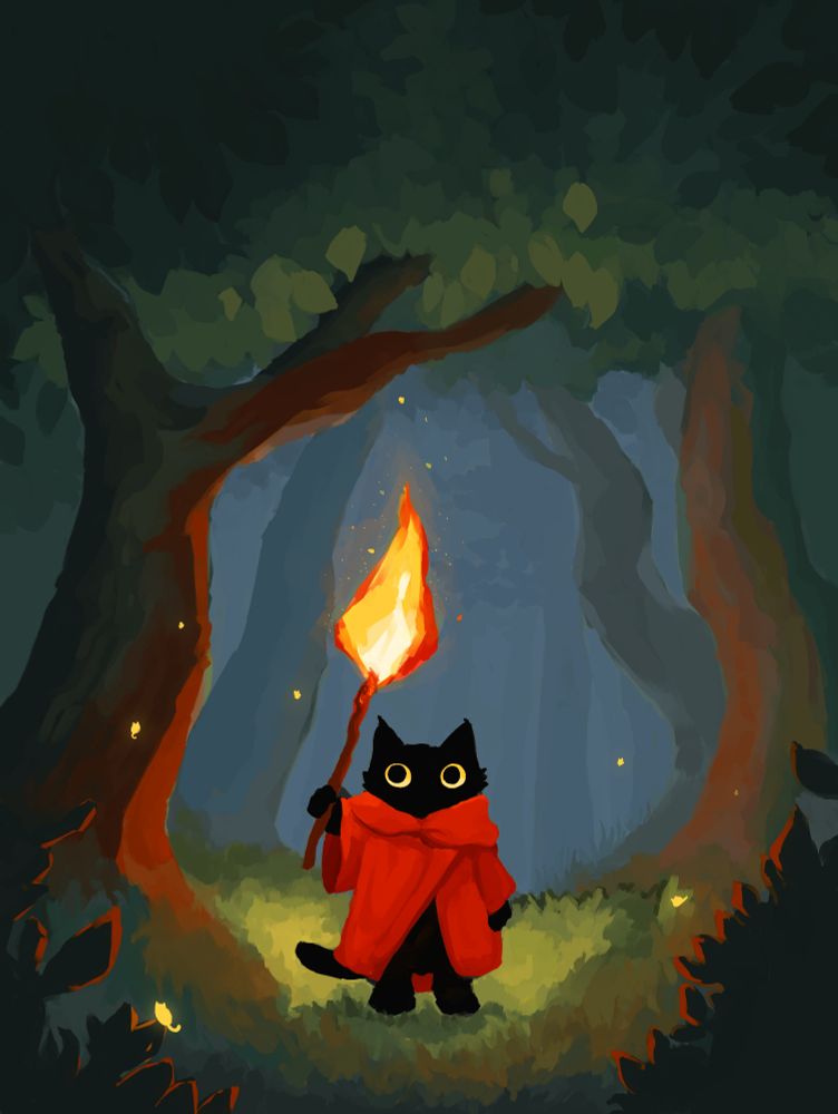 a digital painting of a small, black cat standing in a forest. it is standing on its hind legs, wearing a red coat and holding a lit torch. its only facial features are two big, yellow eyes. tiny, glowing cats are floating around the scene like fireflies.
