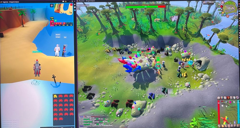 A crappy picture (not screenshot) of a PC monitor showing Highspell & OSRS side by side. I have the same username in both games (Dragonrumpus), & in the former I am fishing crabs in the town High Cove, & in the latter I am training melee at the Gemstone Crab in Varlamore's Tlatli Rainforest