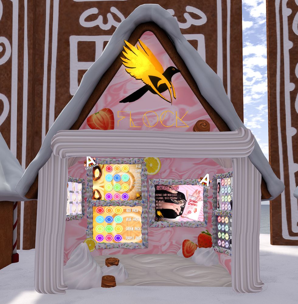 A gingerbread house booth filled with whipped cream, a pink-white cream ripple texture, strawberries, lemon slices, toffees and piped whipped cream. Inside, more whipped cream and sprinkles/hundred thousand decorated frames showcase product splashes for citrus gummy eyes, a bag of holdable sweets, an anime-inspired eye set and gender affirming scars. Atop this, a bird-eye logo for FLOCK, and the title of the brand, sit with black and gold colouration.