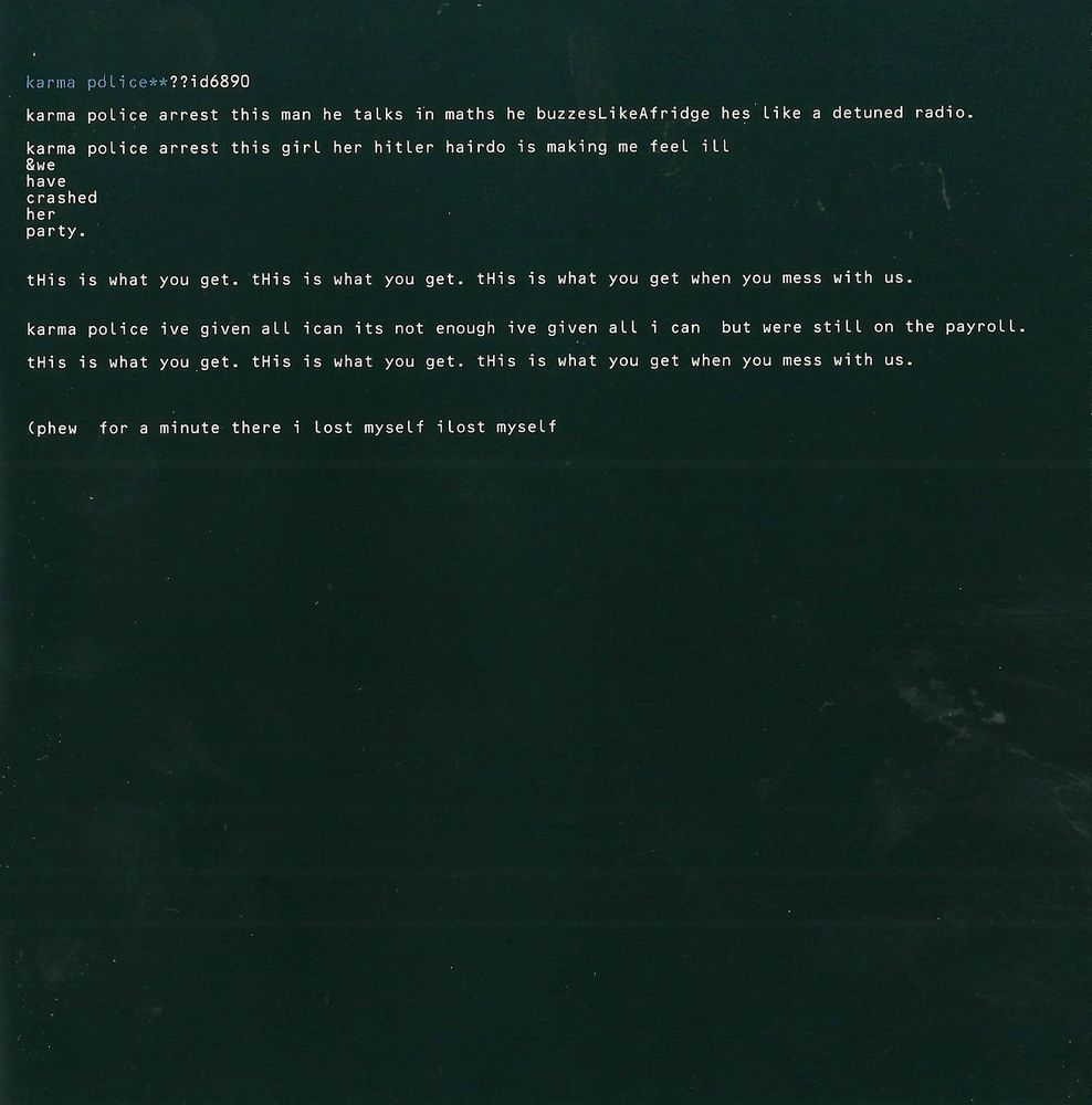 lyrics to the radiohead song "karma police" from the ok computer lyric booklet