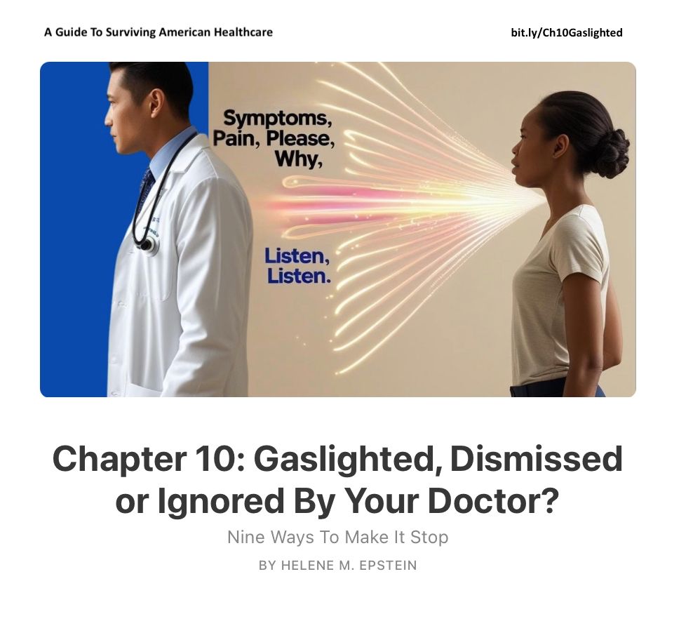 A Black female patient is asking her doctor for help with her symptoms, her pain, with a colorful array of word sound waves. But his back is turned to her and he is not helping her.
