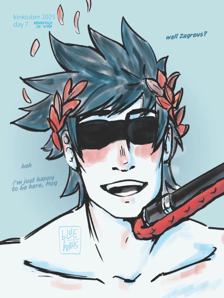 greek god Zagreus (videogame Hades) blindfolded with a cocky grin with his chin pushed up by Megaeras whip