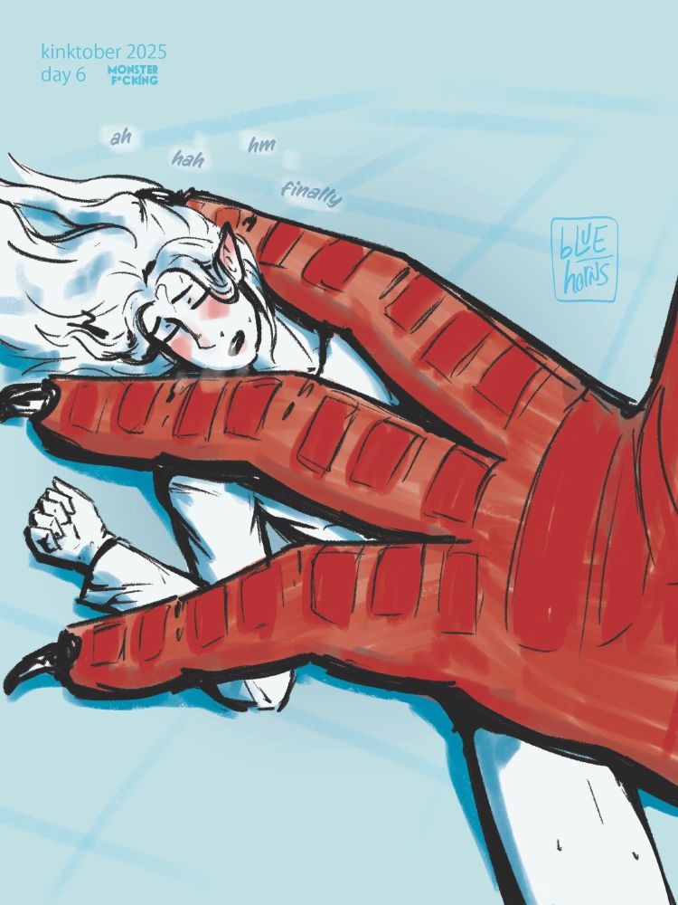 Marcille (Dungeon Meshi) happy and panting while being gently pressed by one of Falin's draconic "hands"  