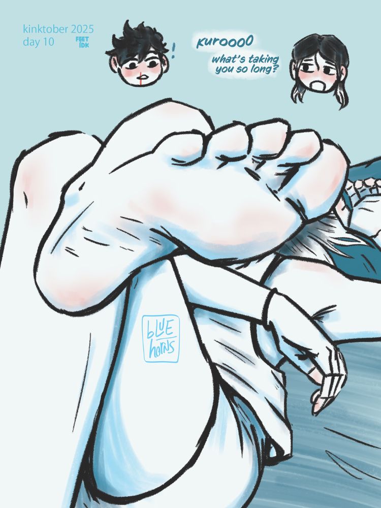 Kenma Kozume (23) laying on a bed with one feet on the forefront. chibi Kenma asks with an annoyed face "Kuroo~ whats taking you so long" while chibi Kuroo Tetsuro (24) stares with a bloody nose
