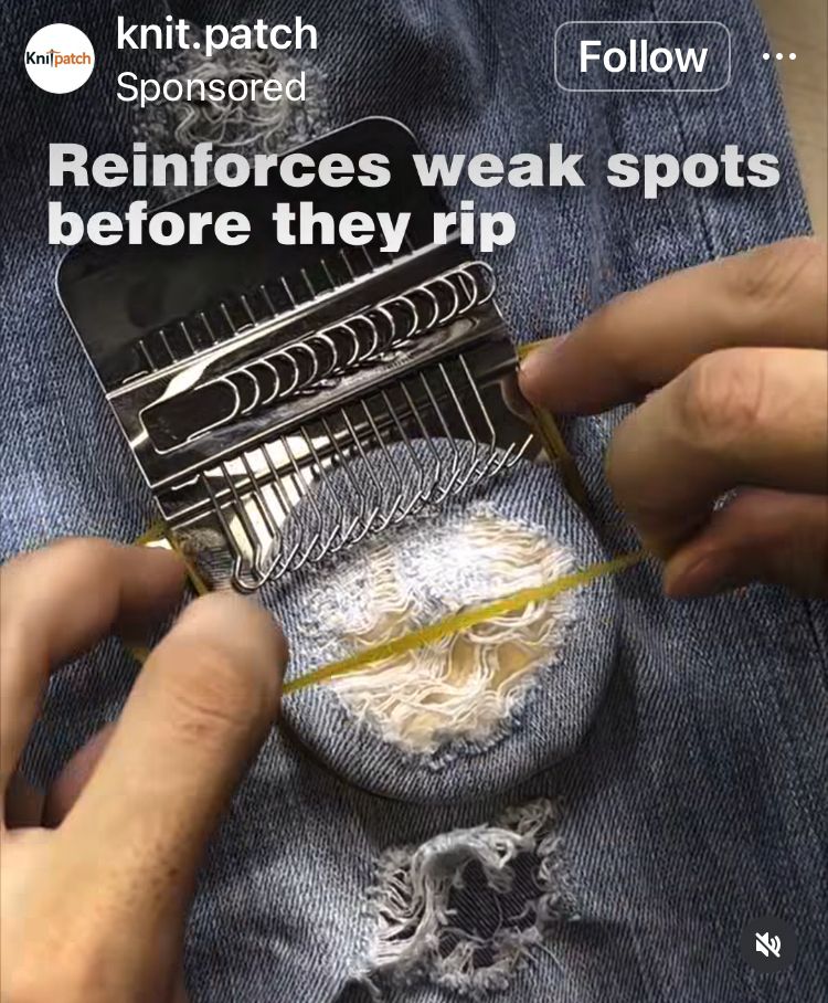 A screen grab from Instagram for the knit.patch darning loom. It shows a pair of blue jeans that have been distressed and ripped being hooked up to the loom to be repaired. 
