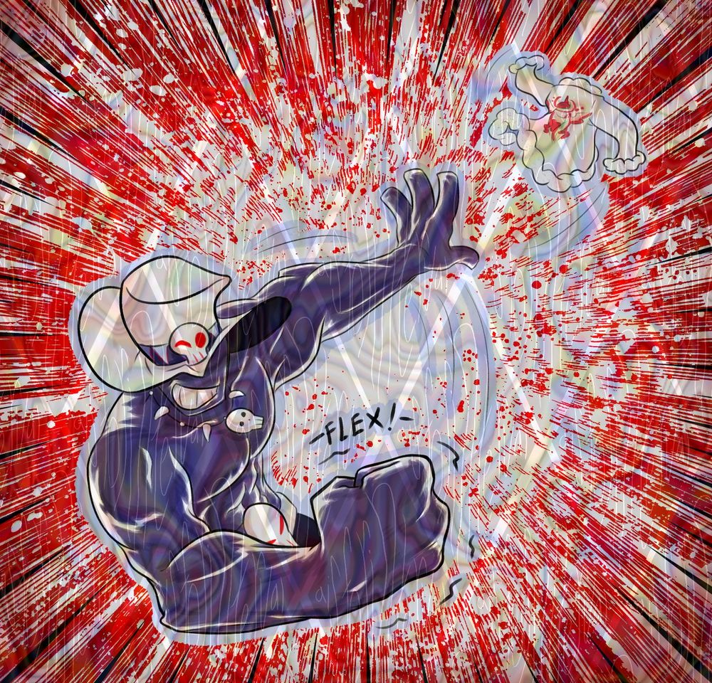 a shadowy ghost man with purple skin flexes his huge muscles. he wears a white top hat with a winking skull decoration, as he tosses his fluffy coat away, ready to fight. an explosion effect is behind him for emphasis.