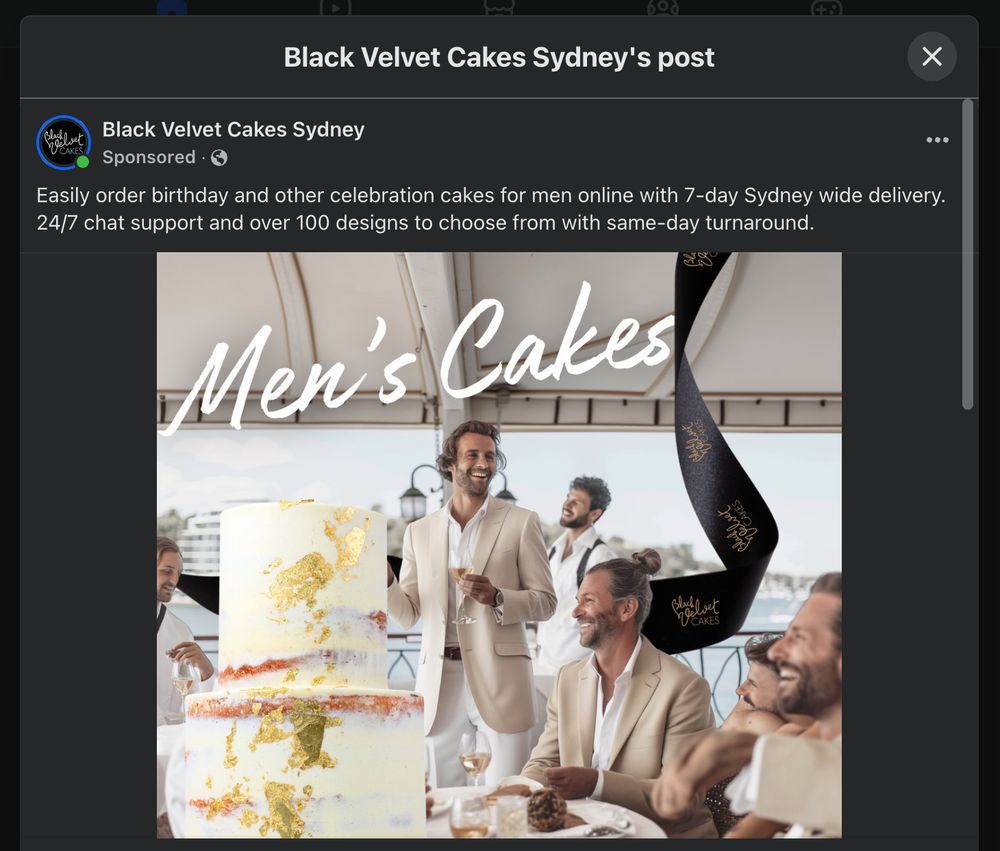 An ad for "Men's Cakes" including a picture of several men at a party looking festive, with a big, slightly bizarre looking tiered cake with large gold flakes arranged haphazardly down one side. The ad emphasises how easy this company makes it to "order birthday and other celebration cakes for men online".