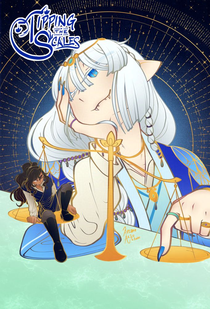 An ornately feitian-style dressed prince in blue robes, gold, and beaded jewelry, with long white hair in a loose braid, and sky blue eyes; also has sharp nails and teeth, and pointed ears, not quite human looking. His cheek rests on one hand with a coy little smile while holding down one side of a golden balancing scale in front of him, the other side on which sits a human-looking man sized to fit on the small plate. He has long and curly dark hair in plain clothes, looking tensely up at the boy with the inhuman aura, against a starry sky with golden celestial rings and patterns.