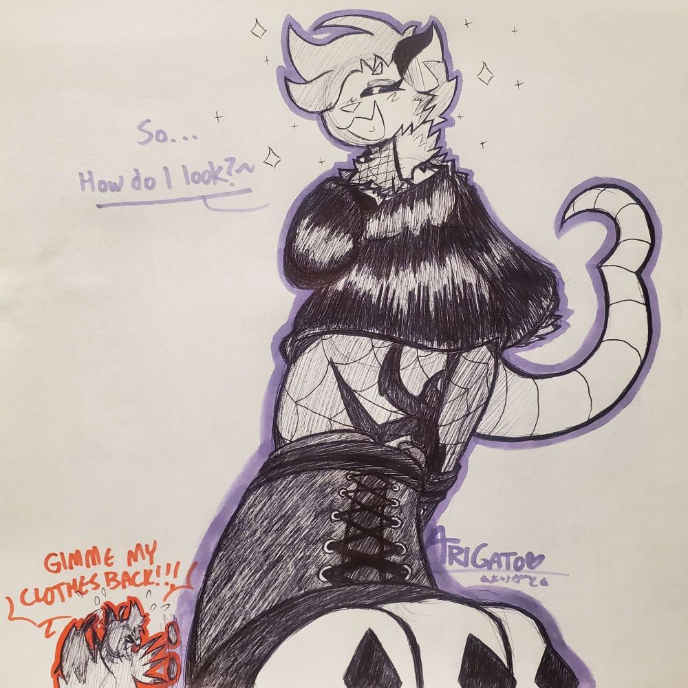 Nat having his goth outfit stolen by Ari's possum.....I don't think she's giving it back...

Art by blairevvitch.bsky.social