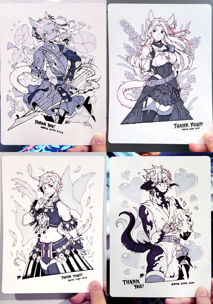 4 ink and marker commissions done of clients' Warriors of Light for Anime Expo 2025 weekend.