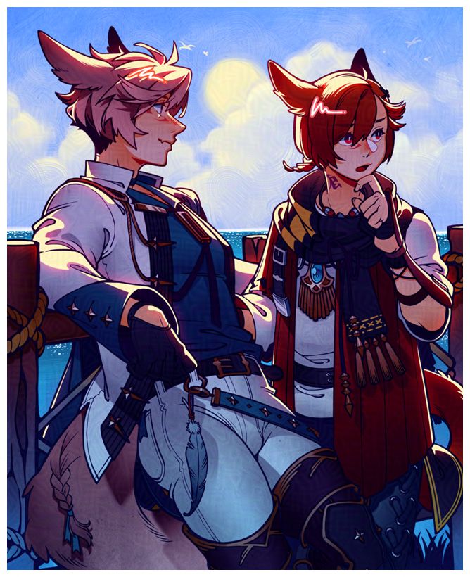 Illustration of G'raha Tia and WoL leaning against a wooden fence overlooking the ocean. G'raha is looking off-frame with a hand to his chin, discussing something quietly as the WoL listens.