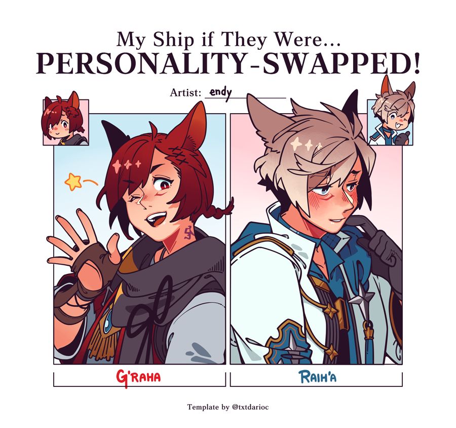 "My Ship if They Were...Personality-Swapped!" drawing meme, with Raih'a and G'raha. Template provided by @txtdarioc. 