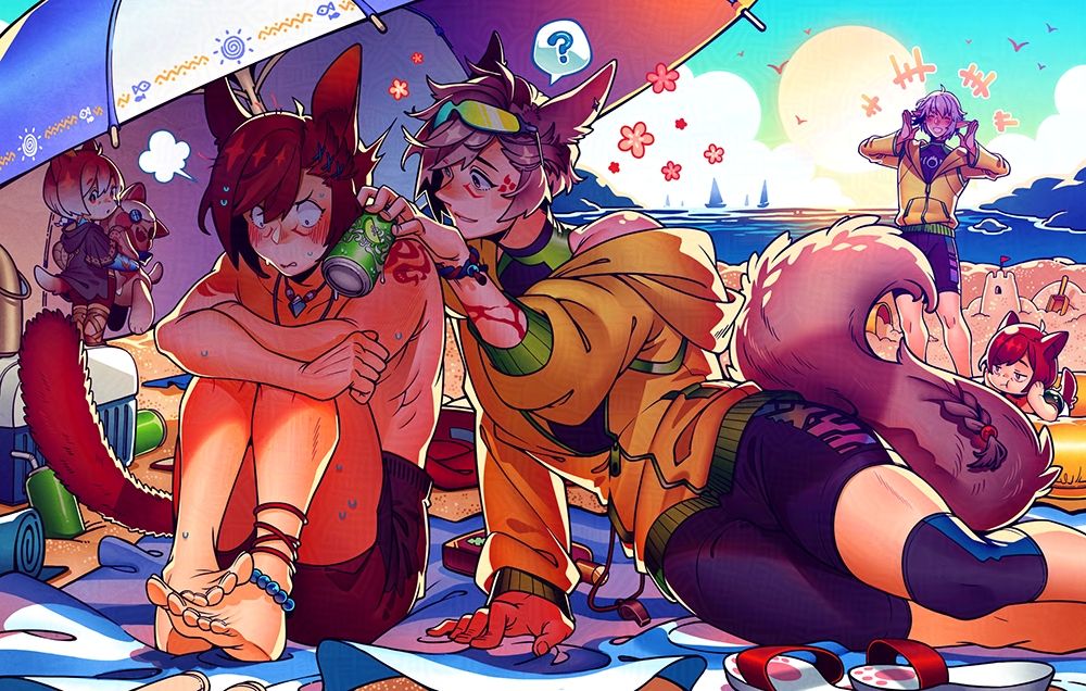 Illustration of G'raha Tia, Haurchefant, the two G'raha minions, and custom Warrior of Light (Raih'a) on the beach. Raih'a is pressing a cold can of soda to a flustered G'arha's cheek while Haurchefant is calling cheerfully to them from the shore.
