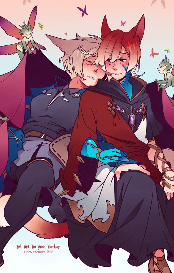 Illustration of a sleeping WoL with his head on the Crystal Exarch's shoulder.  Pixies are pulling a blanket around their shoulders.