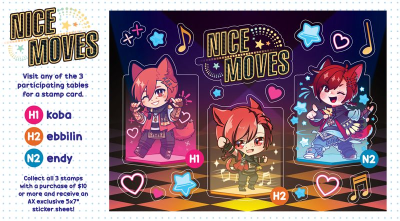 Preview and instructions to join the Nice Moves stamp rally at Anime Expo. Text reads, "Visit any of the 3 participating tables for a stamp card. H1 koba, H2 ebbilin, N2 endy. Collect all 3 stamps with a purchase of $10 or more and receive an AX exclusive 5x7" sticker sheet!"