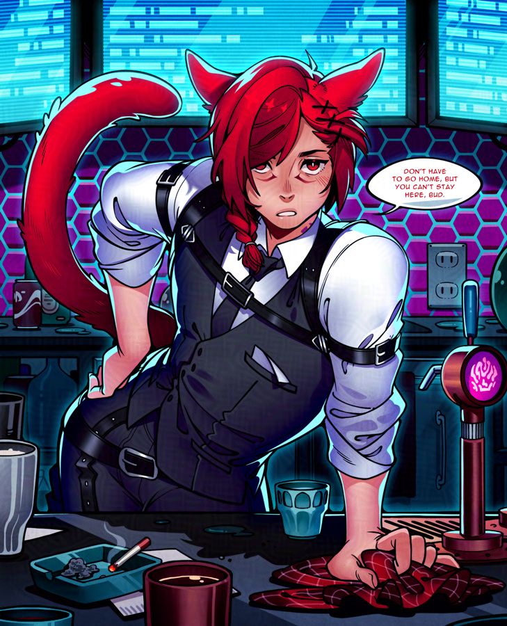 Illustration of G'raha Tia in the Bouncer's Harness vest behind a bar counter. His speech bubble says, "Don' have to go home, but you can't stay here, bud."