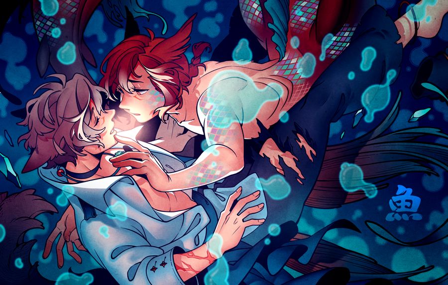 Illustration of G'raha Tia, drawn as a merman, reaching toward an unconscious Warrior of Light as a sinking sailor. A light glows between their faces while G'raha gingerly touches the Wol's chin.