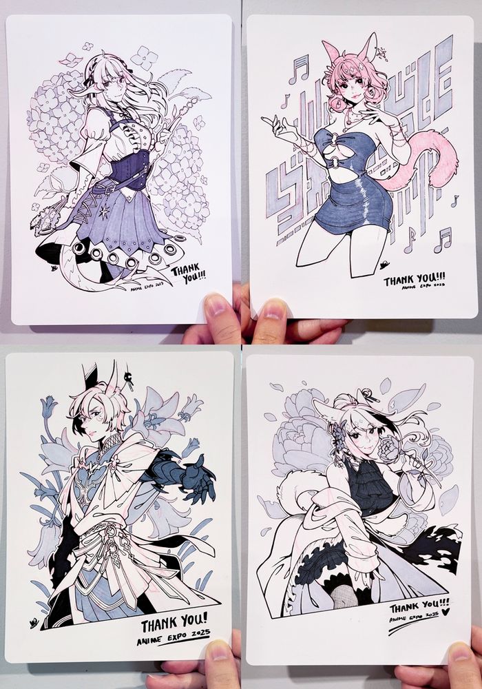 4 ink and marker commissions done of clients' Warriors of Light for Anime Expo 2025 weekend.