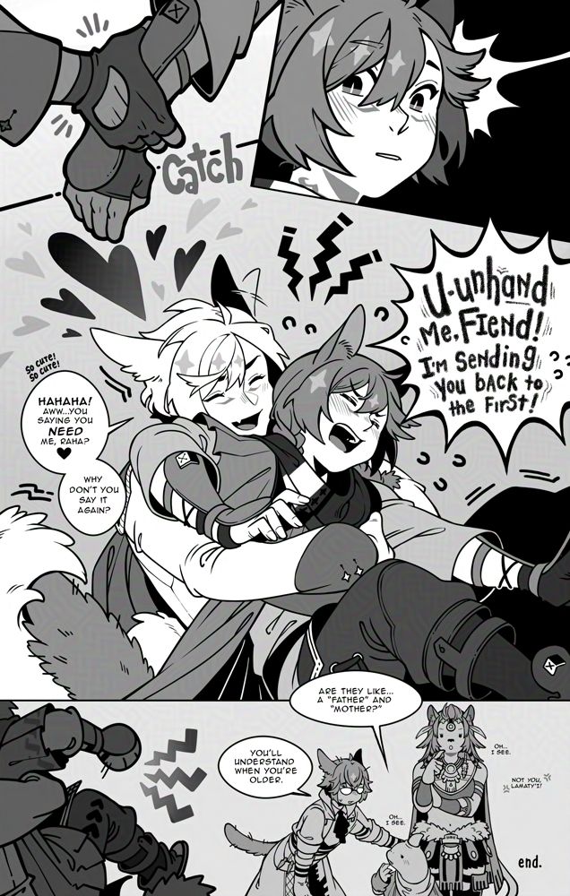 Third page of a short comic, 4 panels.

The WoL catches G'raha's wrist.
WoL: Hahaha!  Aww...you saying you NEED me, Raha? Why don't you say it again?  (So cute!  So cute!)
G'raha: U-unhand me, Fiend! I'm sending you back to the First!
Gulool Ja: Are they like...a "Father" and "Mother?"
Koana: You'll understand when you're older.
Gulool Ja: Oh...I see.
Wuk Lamat: Oh...I see.
Koana: Not you, Lamaty'i!