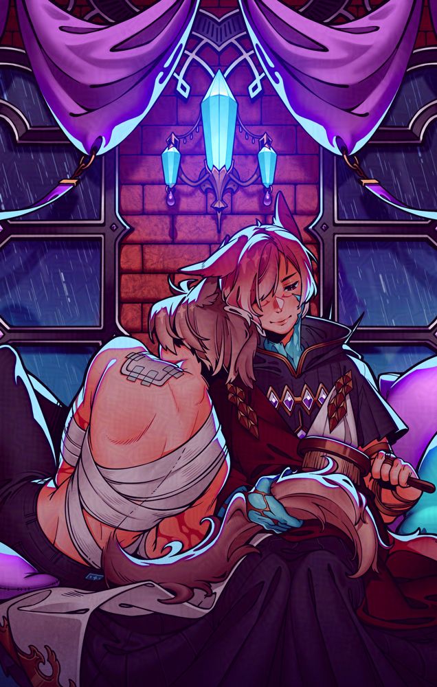 Illustration of the Crystal Exarch and a miqo'te Warrior of Light taking refuge from rain in a Crystarium room lit by a gentle blue glow. The Warrior of Light is bandaged, leaning up against the Crystal Exarch's shoulder, who is brushing the WoL's tail with a gentle expression.