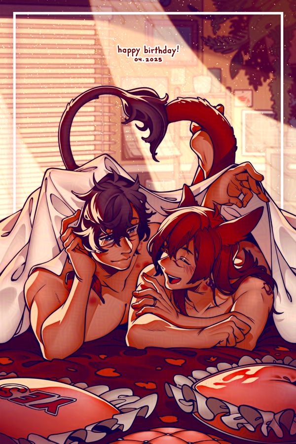 Illustration of G'raha Tia and miqo'te Warrior of Light reclining under the sheets on a bed laid with petals and frilly pillows.