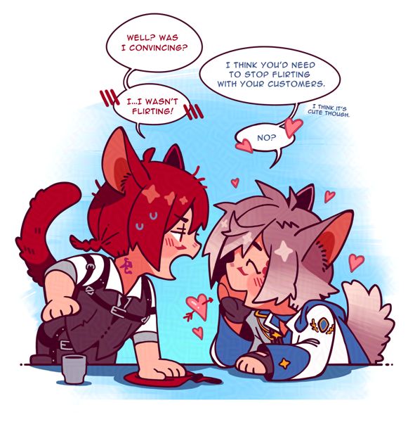 Illustration of a conversation between G'raha Tia and a custom Warrior of Light. 

G'raha: Well? Was I convincing?
WoL: I think you'd need to stop flirting with your customers. (I think it's cute though.)
G'raha: I...I wasn't flirting!
WoL: No?