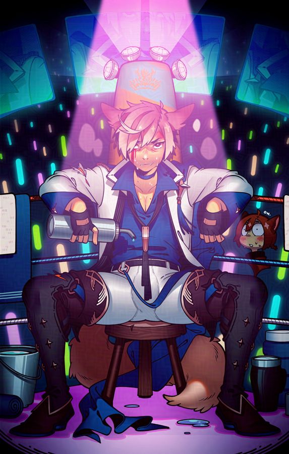 Illustration of a Warrior of Light siting in the corner of an Arcadion-themed boxing ring.