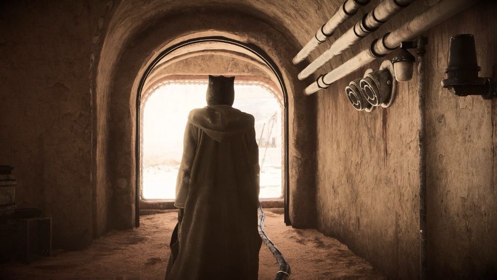 A sort of an NPC within the Star Wars outlaws game walking through a dark corridor into the bright light of outside