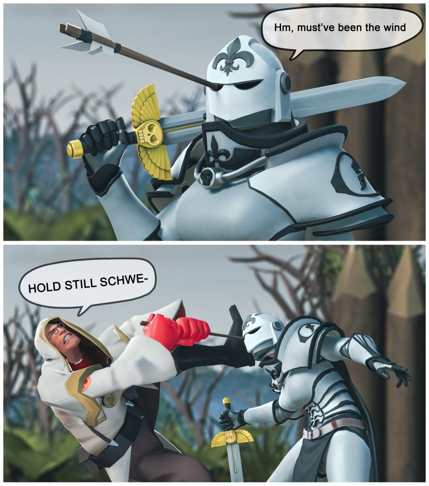 Two panel comic. In first panel Femscout in knight's armor has an arrow through the eye slit with a speech bubble "Hm, must've been the wind". In second panel RED Medic trying to pull the arrow out of Femscout's eye, taking support with his leg by pushing off from her face.