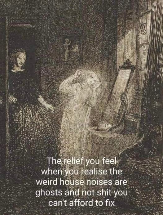 The relief you feel when you realise the weird house noises are ghosts and not shit you can't afford to fix. (art of a woman confronting a ghost)