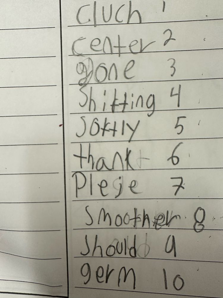 Spelling list of words. One word is “shifting”, but it looks like “shitting”.