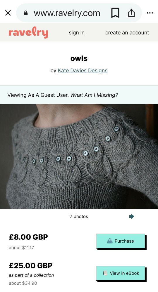 Screenshot of the Ravelry listing. The pattern can be purchased for £8.00.