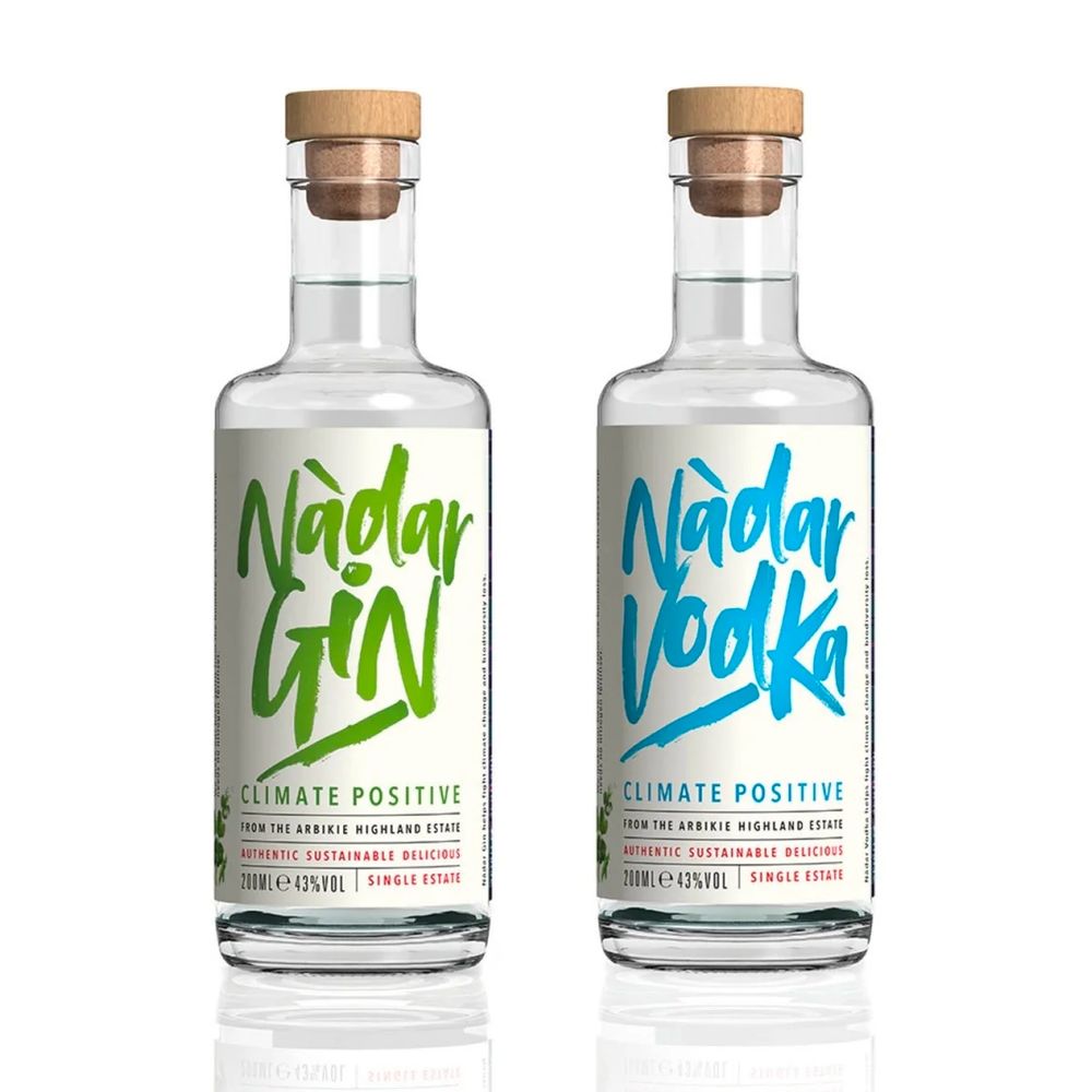 Image shows a bottle each of gin and vodka from the Arbikie distillery.