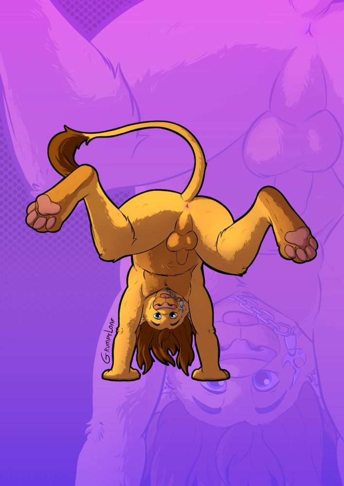 My lion OC, Taiyo, in a hand-stand pose facing the viewer with his tongue sticking out. His hair is dangling to the ground and his necklace is draped loosely to the left side of his face. He’s naked, his legs are spread with his anus and penis on full display.

A large faded version of the same image shown in the background.