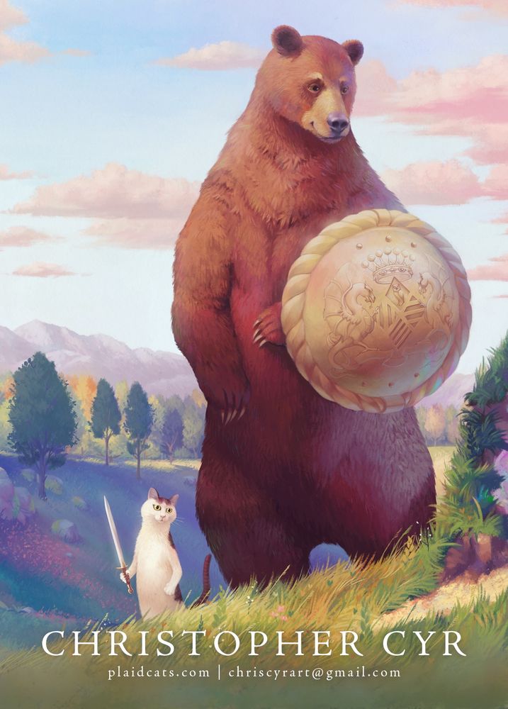 A bear with a golden shield and a cat with dagger-sized sword begin their adventure. A promotional postcard by children’s book illustrator Christopher Cyr, plaidcats dot com.