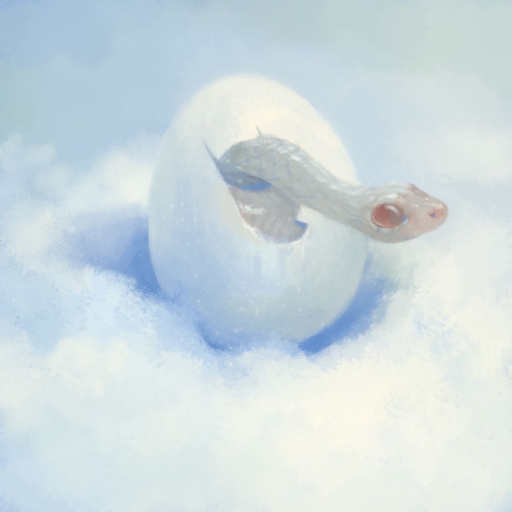 A tiny white snow snake hatching from a white egg in freshly fallen white snow.