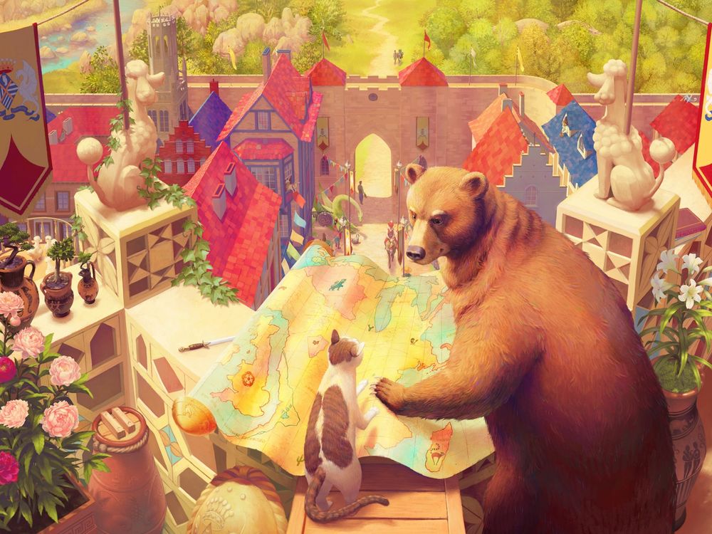 Cat & Bear are planning their adventures on a large colorful map. Behind them, a bustling castle town goes about a sunny day as merchants come and go through the castle wall gate.
