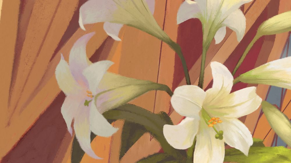 An illustration of white Easter lilies.
