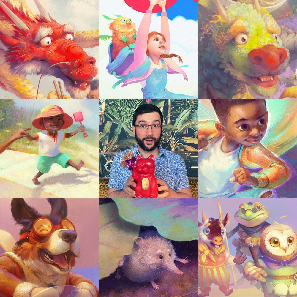A dragon eating noodles, a griffin in a backpack, an incredible red nose, a walk to the beach, a cat-shaped drink, a possible super power, a perfect pup pilot, a sensitive shrew, a gaggle of adventurers. Art v Artist of Christopher Cyr.