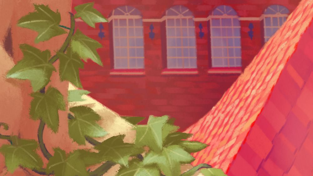 Ivy crawls close with buildings in the background. 