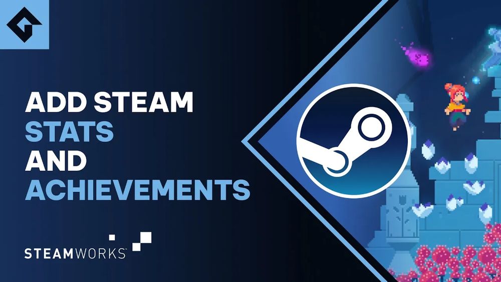 Add Steam Stats And Achievements" in bold white and blue text on a dark blue background. On the right the Steam logo is in the foreground of a screenshot of TetherGeist 
