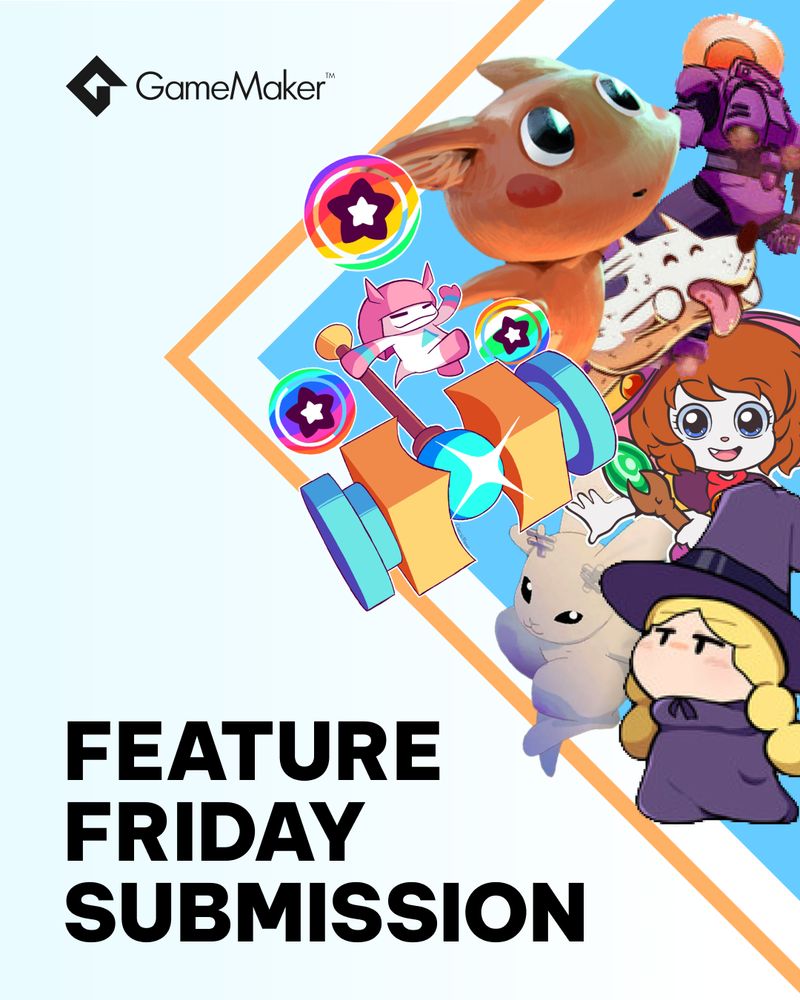 A promotional image for GameMaker's Feature Friday submission. The image features a collection of charming cartoon characters, each with a unique design, surrounding a central game element that resembles a mallet or hammer. Text overlay reads 'FEATURE FRIDAY SUBMISSION'