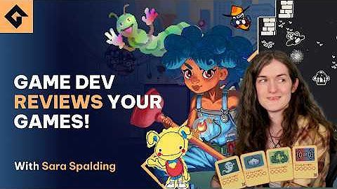 A promotional image for a video where Deltarune developer Sara Spalding reviews GameMaker Community made games. The image features artwork of characters from a bunch of the games she played, along with a portrait of Sara Spalding.