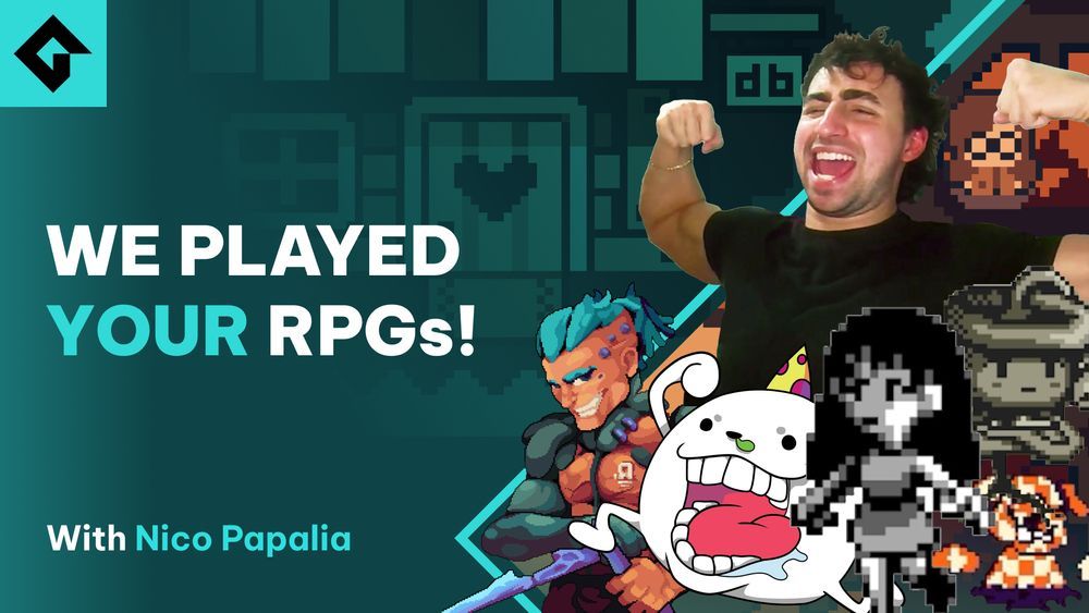  Nico Papalia playing RPGs submitted by viewers. The image features Nico in the center, excitedly raising his fists. Surrounding him are pixel art characters from various RPGs, set against a teal background with pixel art buildings. Text reads 'WE PLAYED YOUR RPGs!' and 'With Nico Papalia'."