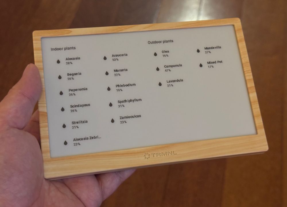 A TRMNL e-ink display with a wood-look frame. The display shows a dashboard captured from Home Assistant that displays all the moisture levels of my plants, both indoor and outdoor. 

Text displayed in the dashboard is as follows:

Indoor plants
Alocasia
28%
Begonia
26%
Peperomia
26%
Scindapsus
26%
Strelitzia
21%
Alocasia Zebri...
23%
Araucaria
53 %
Maranta
22%
Phlebodium
19%
Spathiphyllum
31%
Zamioculcas
23%

Outdoor plants
Olea
16%
Campanula
47%
Lavandula
21%
Mandevilla
27%
Mixed Pot
17%