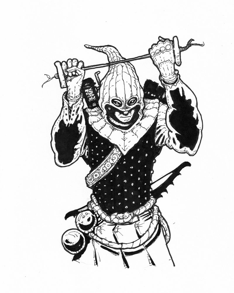 an ink drawing of a hooded figure with a garotte