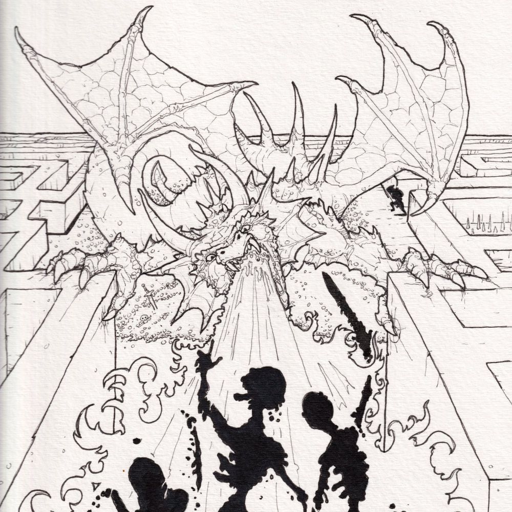 a scan of the lineart for a drawing of a maze dragon blasting a party with his breath weapon under his left wing a thief sneaks into his hoard from behind.