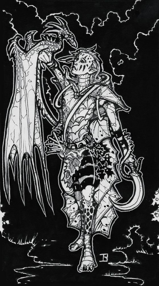 a black and white drawing of a druid dnd character talking to a pseudodragon informant. 